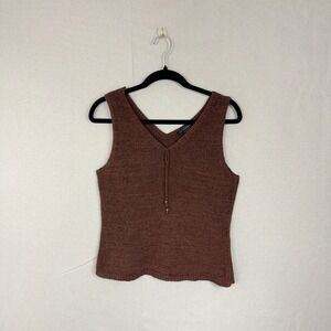 Vintage AS FUSION Women XL Brown Knit V Neck Sleeveless Tank Top Beaded Detail